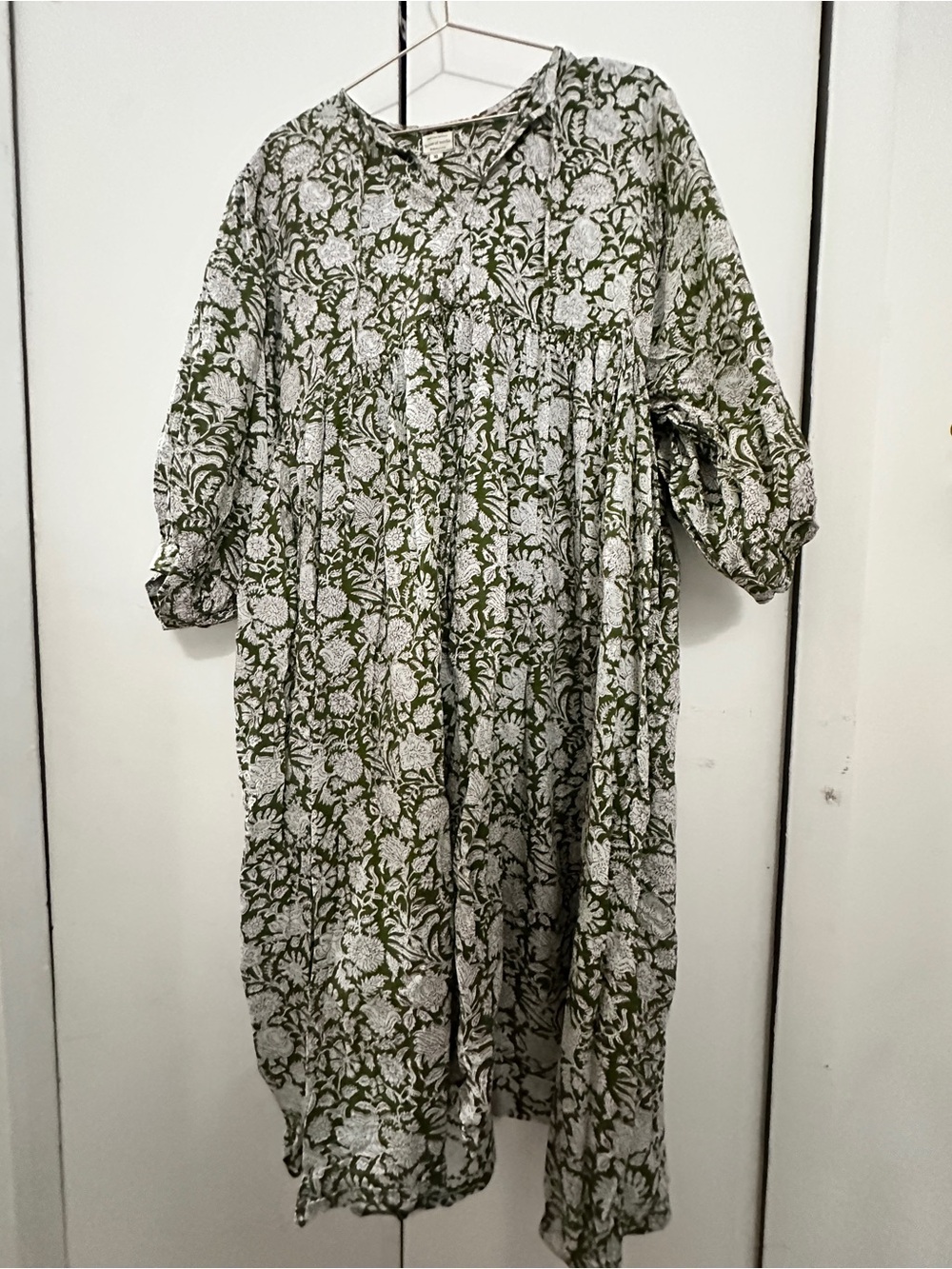 Olive Green Floral Midi Dress with Gathered Yoke and Three-Quarter Sleeves